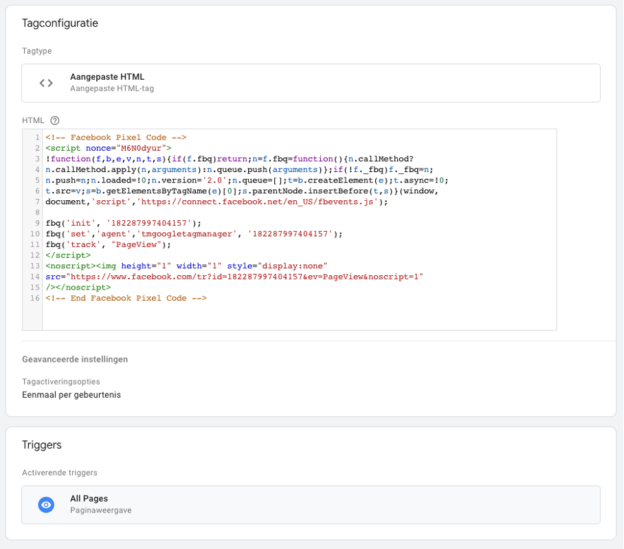 Facebook Pixel in Google Tag Manager container